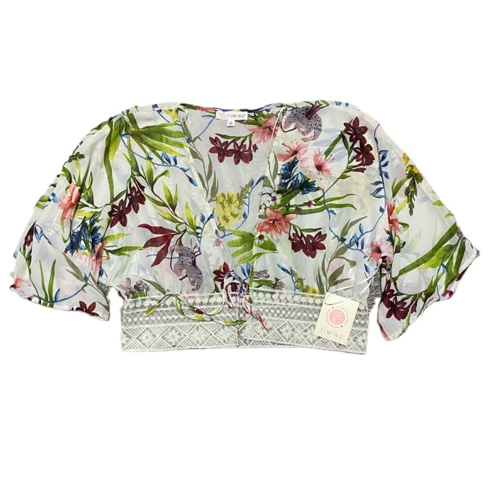 Timing Women’s NWT Sheer Floral Lace Tie Front Cardigan Overlay Top Sz M New